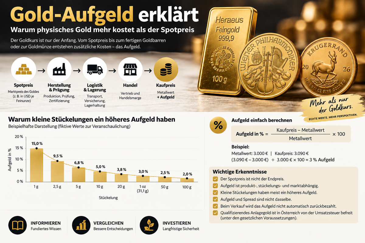 Gold-Aufgeld erklärt: Unterschied zwischen Spotpreis und Kaufpreis bei Gold sowie Aufgeld nach Stückelung
