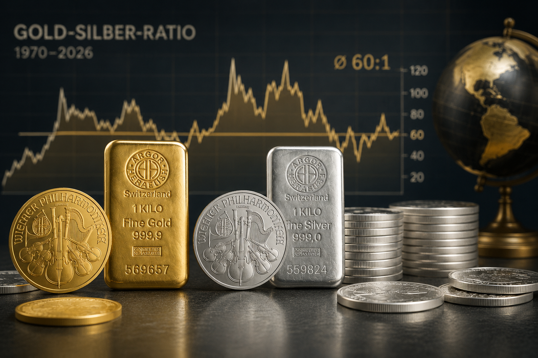 Gold- und Silbermünzen sowie Edelmetallbarren zur Veranschaulichung der Gold-Silber-Ratio 2026