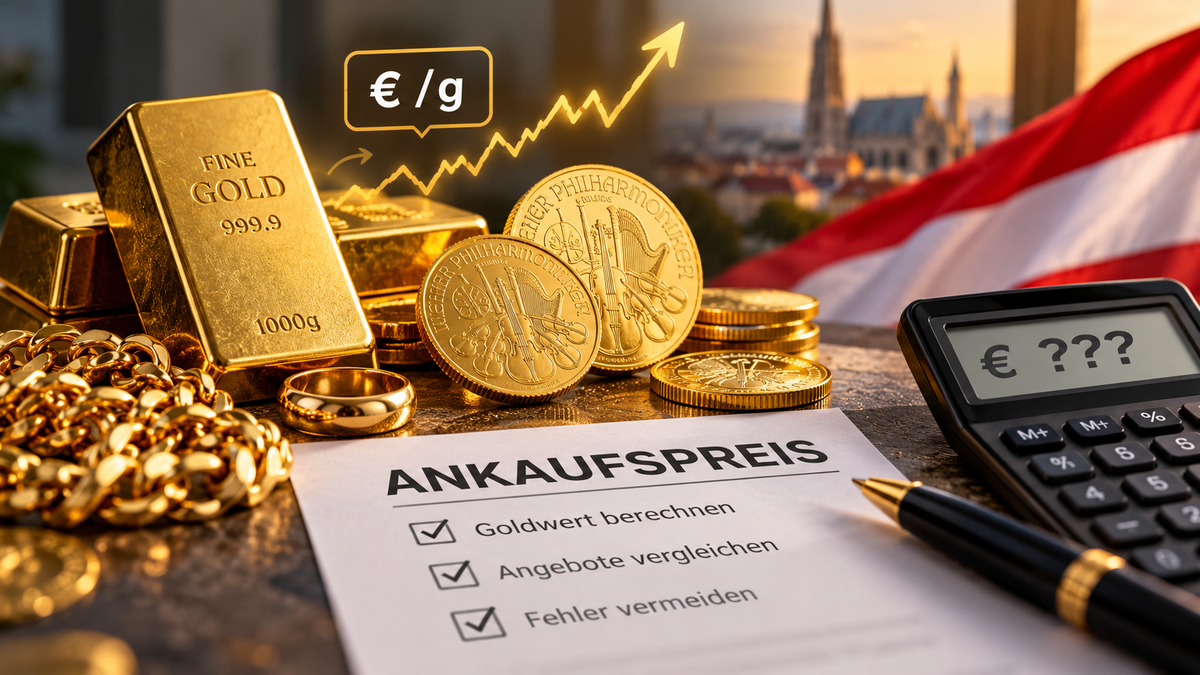 Goldmünzen, Goldbarren und Feinwaage zur Berechnung des Goldankaufspreises in Österreich