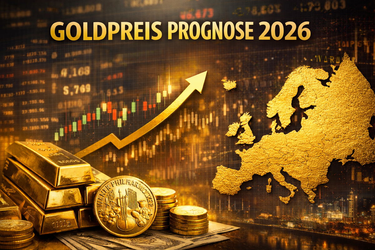 Goldpreis Prognose 2026 – Entwicklung des Goldpreises in Europa mit Goldbarren und Chart