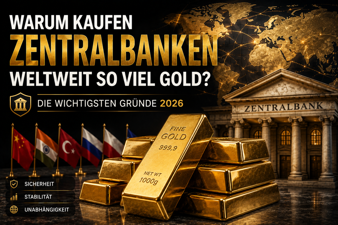 Warum Zentralbanken weltweit Gold kaufen – Goldbarren vor Zentralbank und Weltkarte