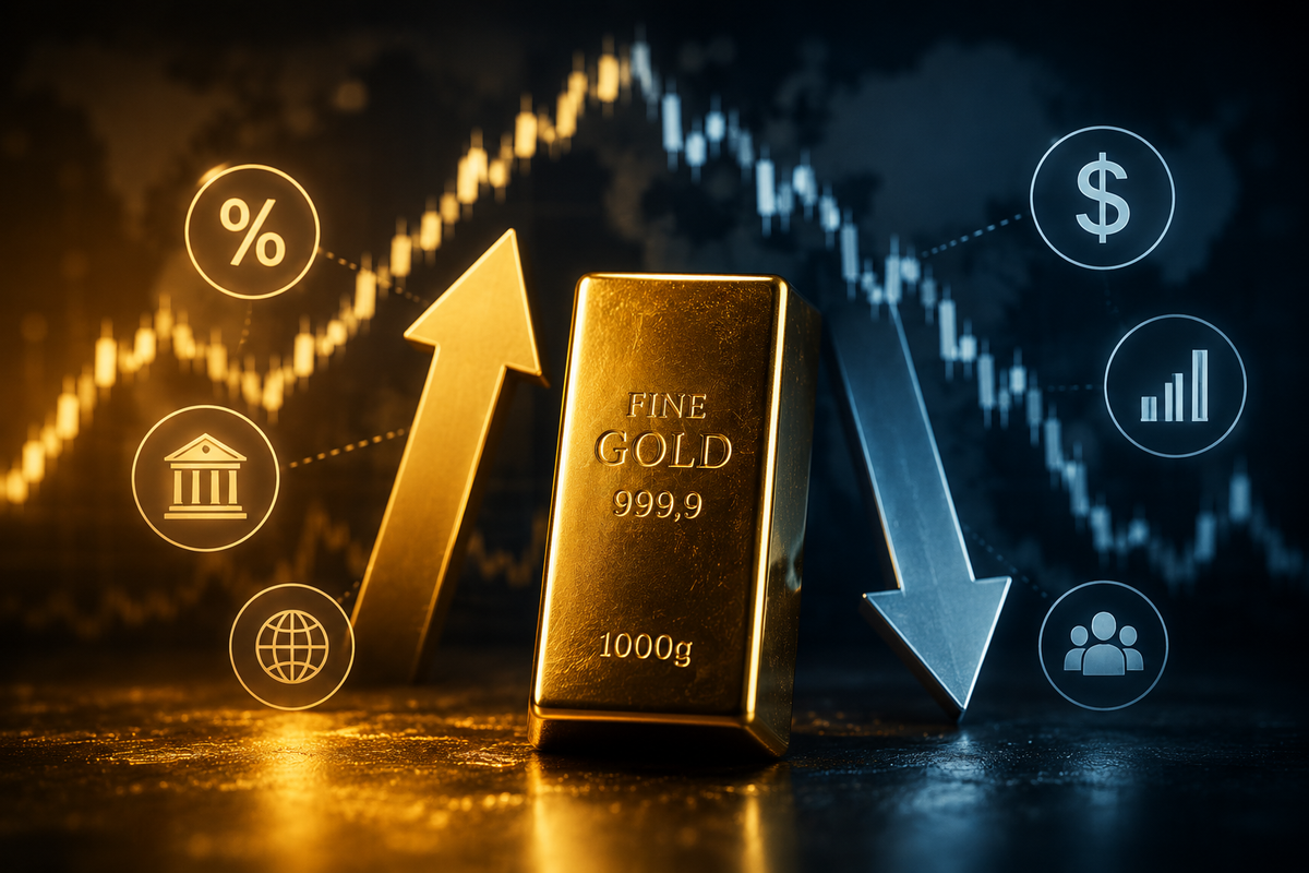 Goldbarren vor einem Kurschart als Symbol für die wichtigsten Einflussfaktoren auf den Goldpreis
