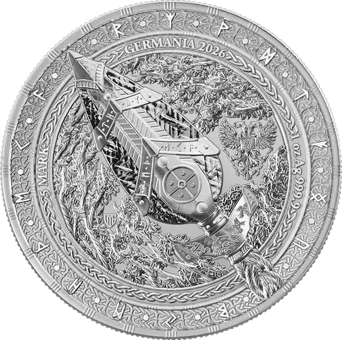 ückseite Germania Artefacts Gungnir 2026 – Runen, Odin auf Sleipnir, Huginn & Muninn