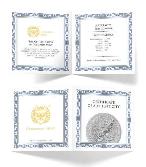 Herstellerzertifikat Germania Artefacts Gungnir 2026 – 1 oz Silbermünze limitiert 5.000 Stück