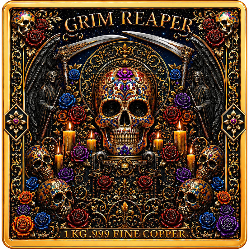 Kupfermedaille 1 kg – Grim Reaper: Día de Muertos 2026 | 3D & Colors | Cu .999 | Limitiert 249 Stück