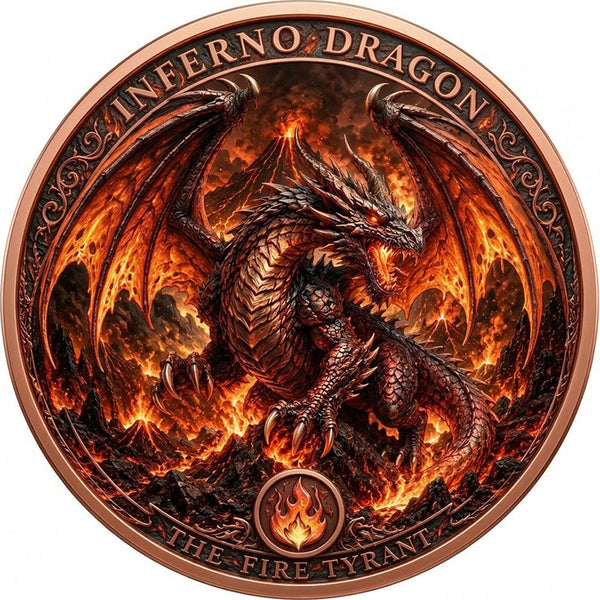 Kupfermedaille 1 kg – Inferno Dragon: The Fire Tyrant 2026 | 3D & Colors | Cu .999 | Limitiert 249 Stück