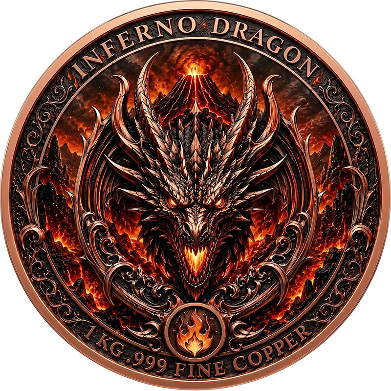 Kupfermedaille 1 kg – Inferno Dragon: The Fire Tyrant 2026 | 3D & Colors | Cu .999 | Limitiert 249 Stück