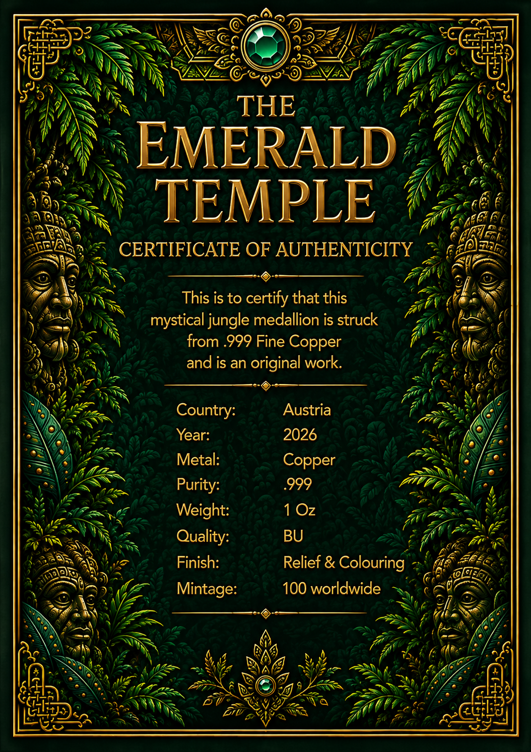 The Emerald Temple 2026 – 1 oz Kupfermedaille | Cu .999 | Koloriert | MM Signature