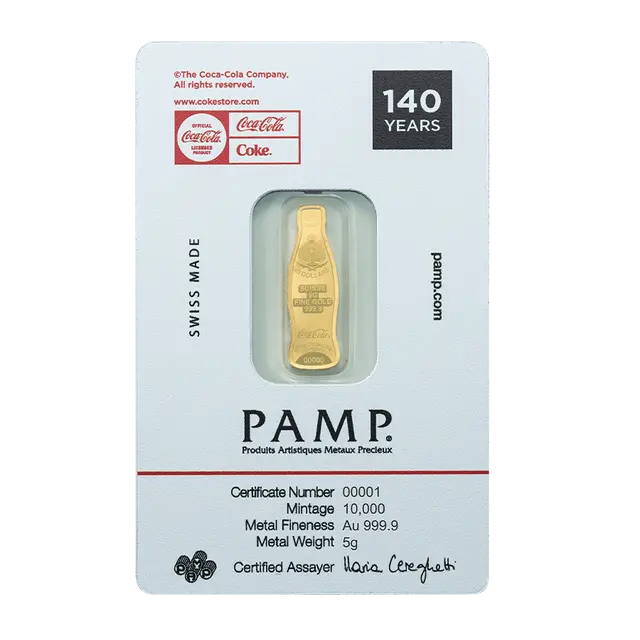 Goldbarren 5 g – Coca-Cola Flasche | 140. Jubiläum 2026 | Au .9999 | PAMP | Limitiert 10.000 Stück**
