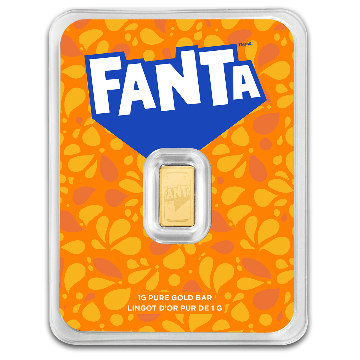 PAMP Fanta 2026 – Vorderseite des 1-g-Goldbarrens in der Fanta-Präsentationskarte