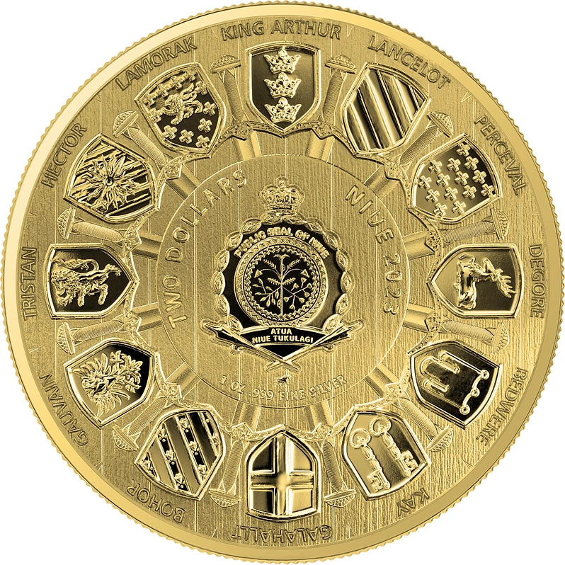 Arthur Pendragon – Camelot | 1 oz Silbermünze | Ag .9999 | 24k Vergoldet | BU | Niue 2023*