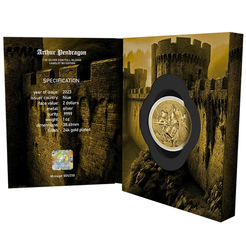 Arthur Pendragon – Camelot | 1 oz Silbermünze | Ag .9999 | 24k Vergoldet | BU | Niue 2023*