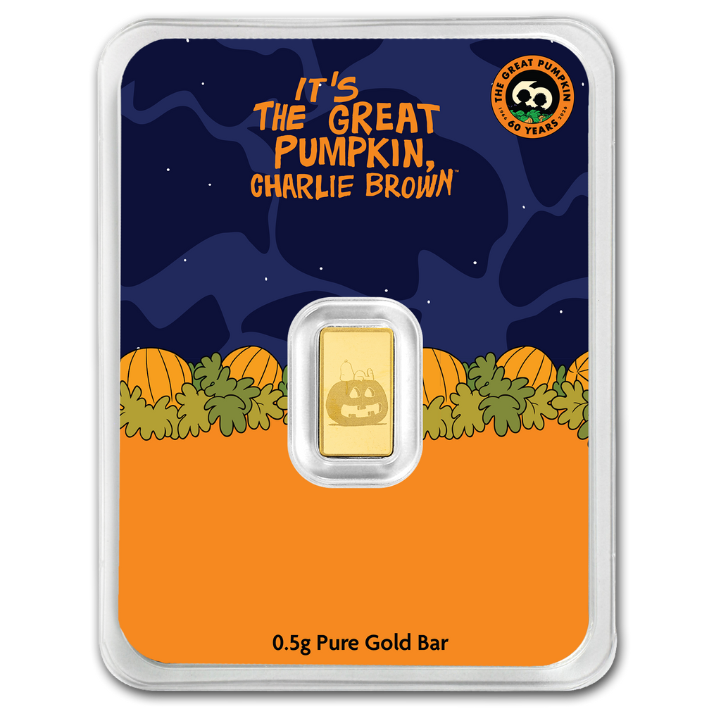 Peanuts It's the Great Pumpkin 60 Jahre 2026 – 0,5-g-Goldbarren in Verpackung
