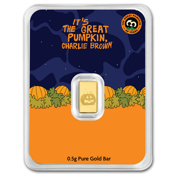 Peanuts It's the Great Pumpkin 60 Jahre 2026 – 0,5-g-Goldbarren in Verpackung