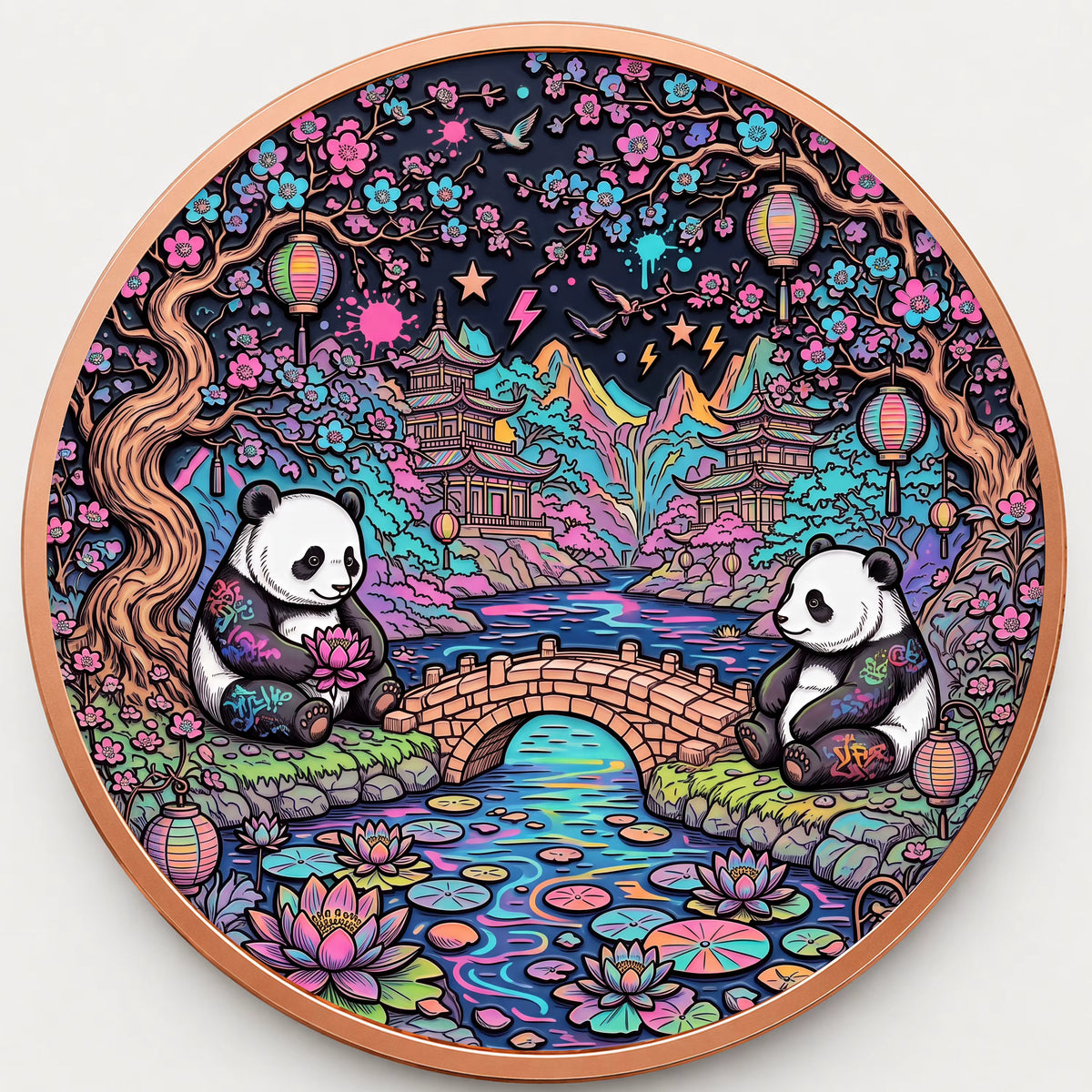 Pandas im Blütengarten – 1 oz Kupfermedaille