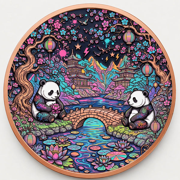 Pandas im Blütengarten – 1 oz Kupfermedaille