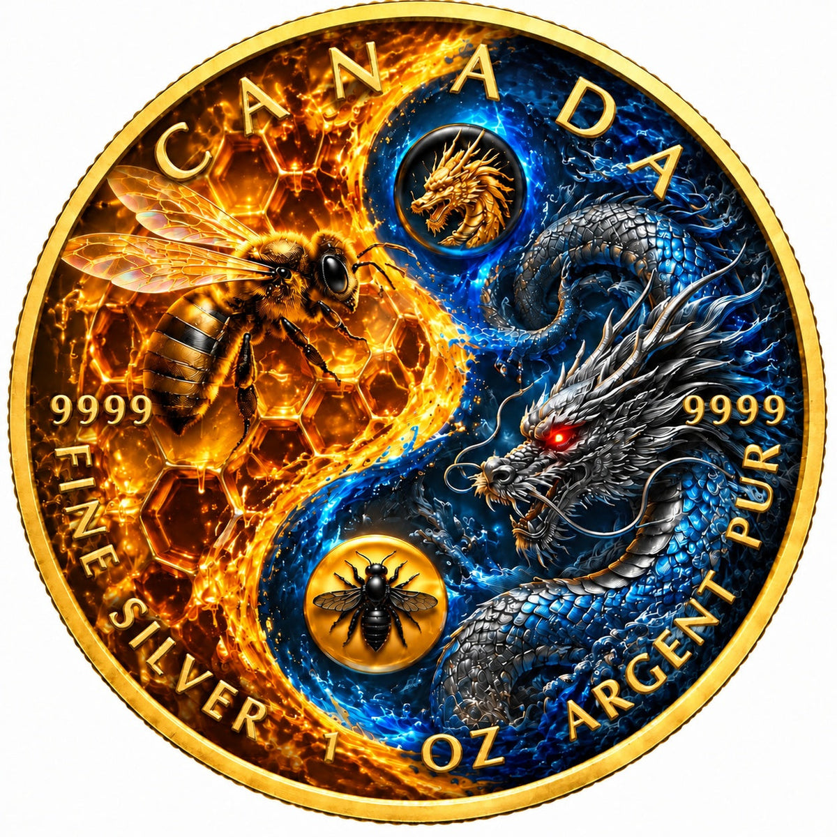 Harmony of Opposites Maple Leaf 2026 – Vorderseite, 1 oz Silber Ag .9999, vergoldet und koloriert