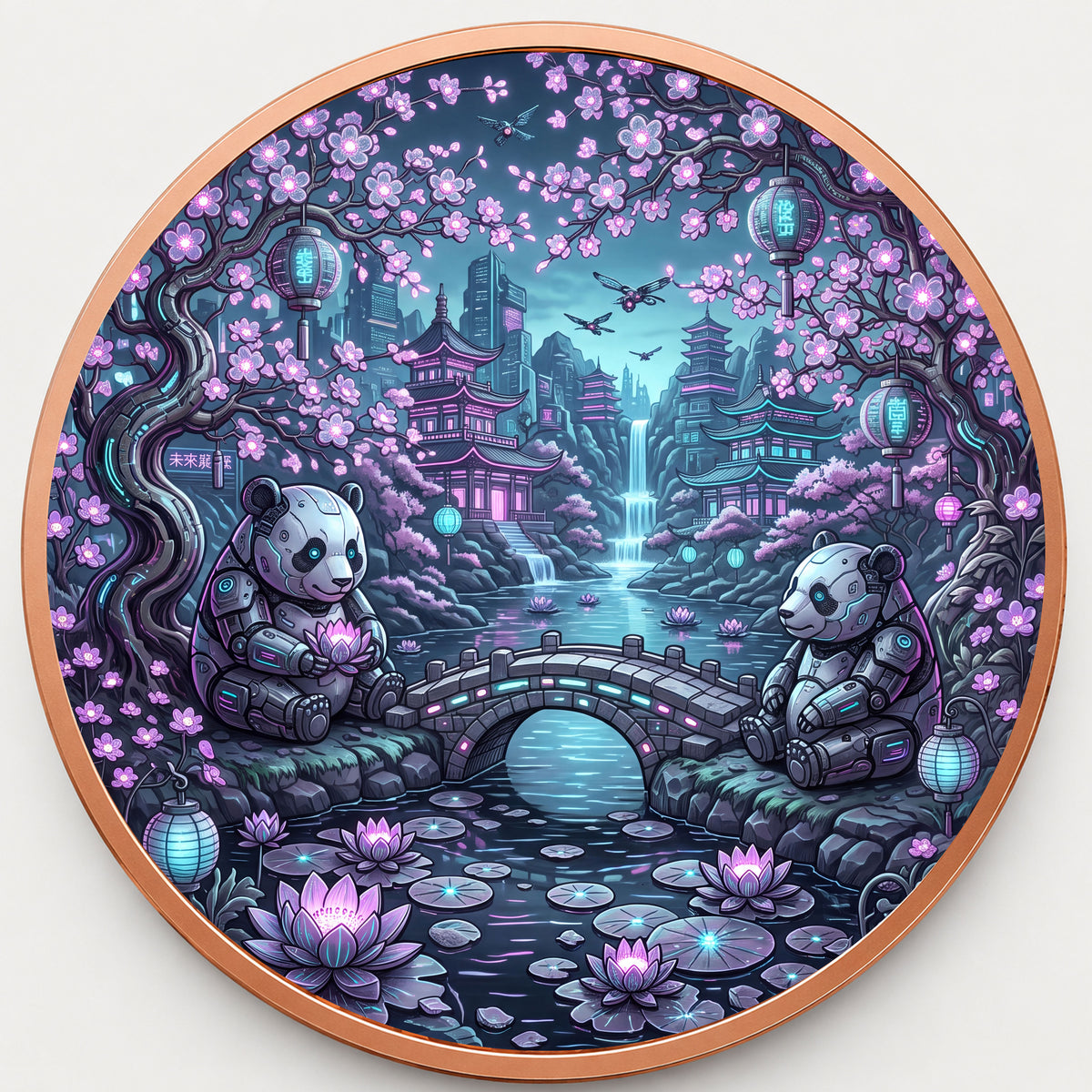 Pandas im nächtlichen Blütengarten – 1 oz Kupfermedaille