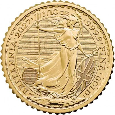 Britannia 2027 – Vorderseite der 1/10 oz Goldmünze aus 999,9 Feingold, erhältlich bei MM-Edelmetalle in Graz und Kärnten