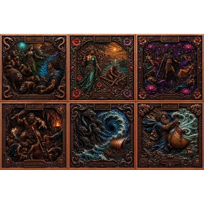 Die Reise des Odysseus – 6 × 5 oz Kupfermedaillen-Set | Cu .999 | 3D & Farbe | 2026