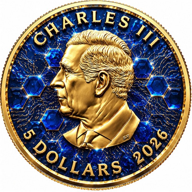 Die Saphirbiene Maple Leaf 2026 – Wertseite mit König Charles III. und Nennwert 5 CAD