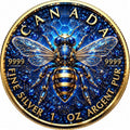 Die Saphirbiene Maple Leaf 2026 – Motivseite, 1 oz Silber Ag .9999, blau koloriert und vergoldet