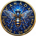 Die Saphirbiene Maple Leaf 2026 – Motivseite, 1 oz Silber Ag .9999, blau koloriert und vergoldet
