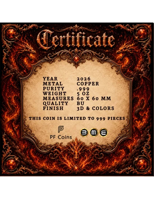 Dragons of Eternal Fire – 5 oz Kupferbarren | Cu .999 | Antique Finish | 2026