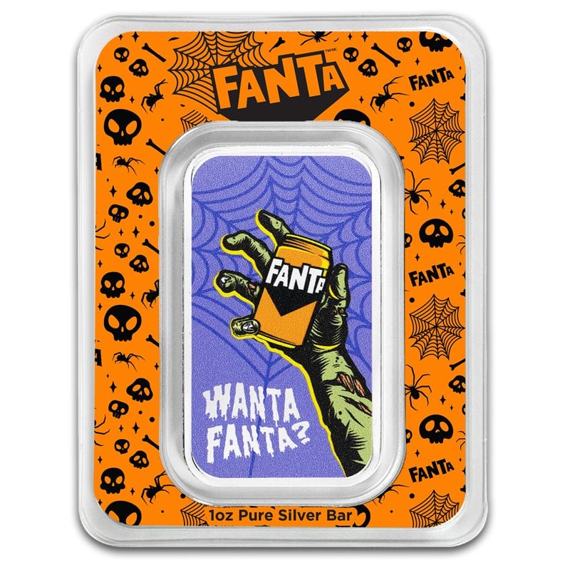 PAMP Fanta Halloween 2026 – Vorderseite des 1 oz Silberbarrens in orange-violetter Karte