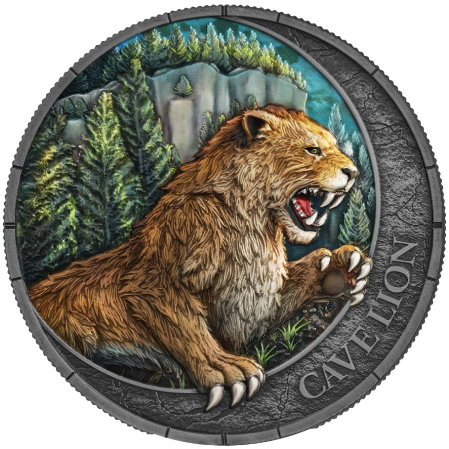 Germania Mint: Megafauna – Cave Lion Oblivion 1 oz Silver 2026 UV - Color Antiqued Coin