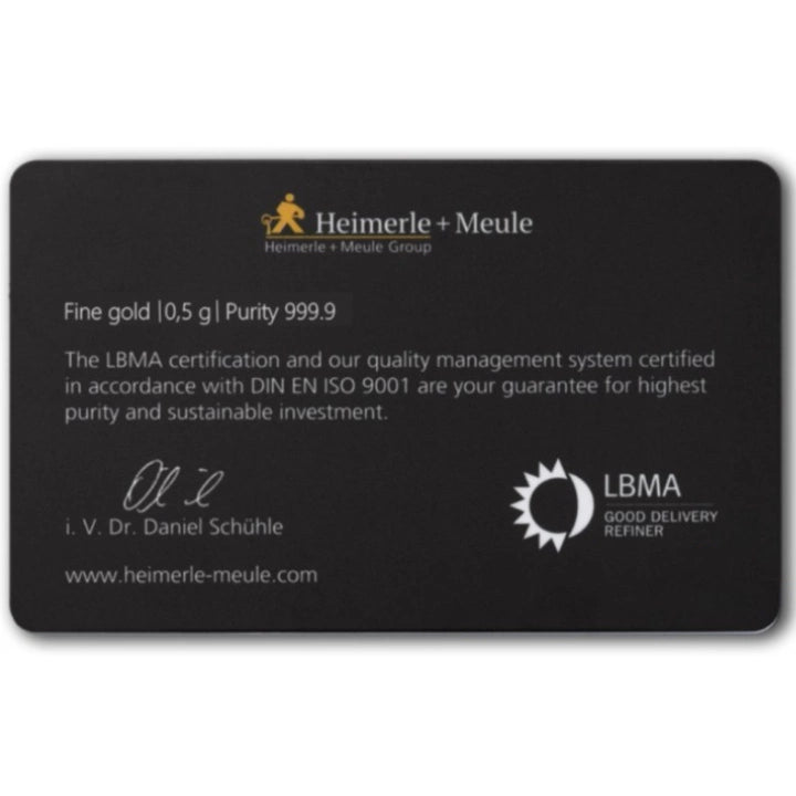 Heimerle + Meule 0,5g Goldbarren 999,9 – Secain Card Verpackung**