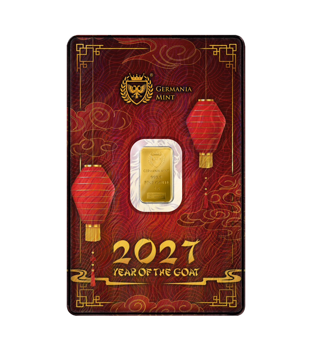 Year of the Goat 2027 – 1 g Goldbarren | Au .9999 | Germania Mint | Safepack**