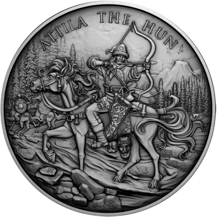 Legendary Warriors Attila der Hunne 2026 – 1 oz Silbermedaille Antik, Motivseite