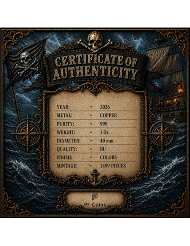 Pirates of the Seas – Honor • Courage • Freedom 1 oz Kupfer 999 BU Farbig