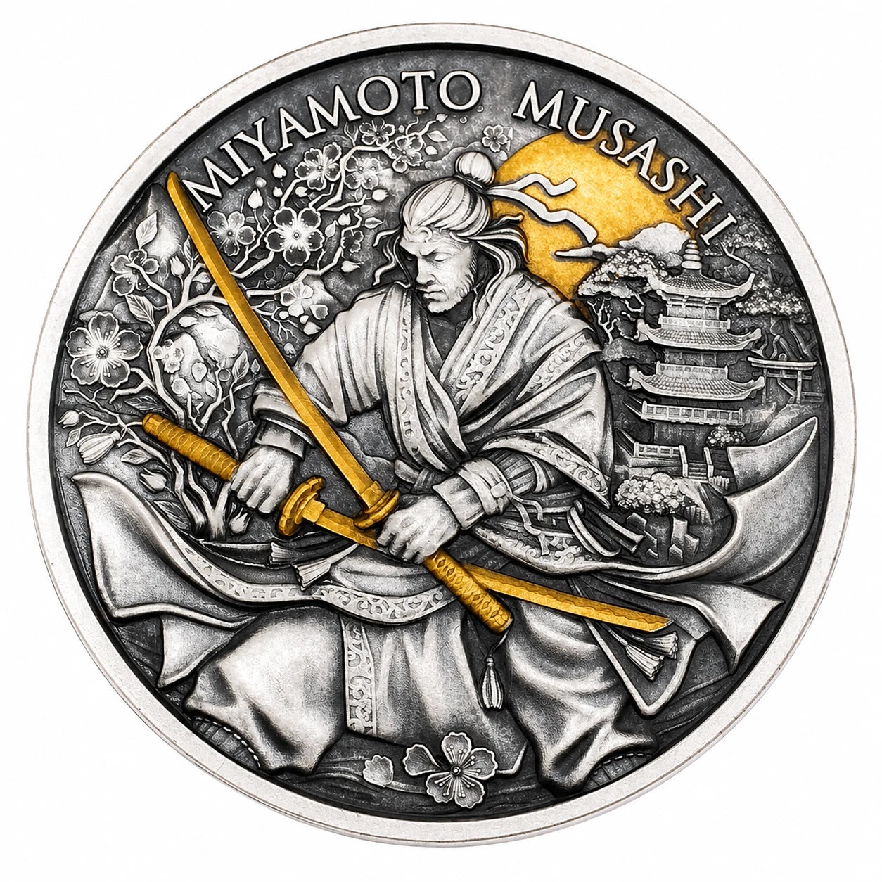 Silbermedaille 1 oz – Miyamoto Musashi | Legendary Warriors | Antique Gold | Ag .999