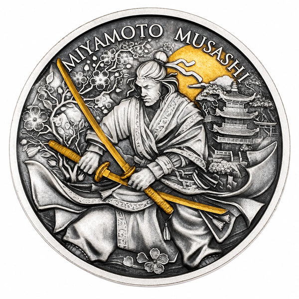 Silbermedaille 1 oz – Miyamoto Musashi | Legendary Warriors | Antique Gold | Ag .999