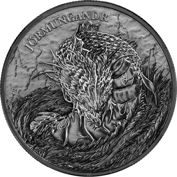 Ragnarök Jörmungandr 2026 – 1 oz Silber Black BU – Vorderseite mit der Midgardschlange