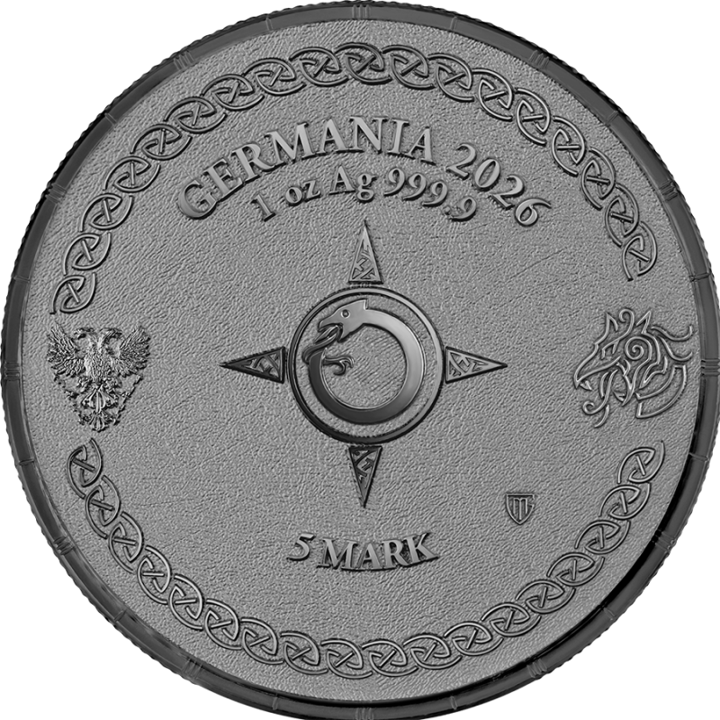 Ragnarök Jörmungandr 2026 – 1 oz Silber Black BU – Rückseite mit Schlangenmotiv und 5 Mark