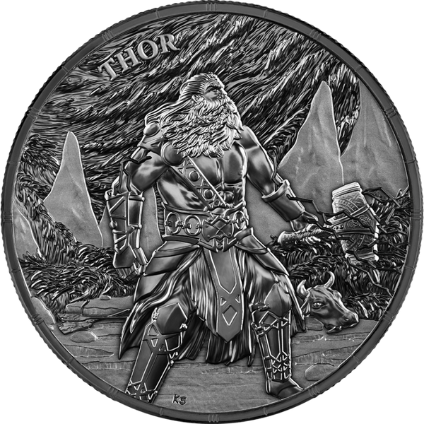Ragnarök Thor 2026 – 1 oz Silber Black BU – Vorderseite mit Thor und Mjölnir