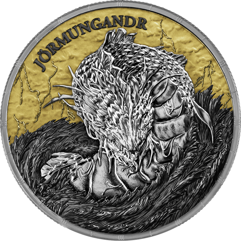 Ragnarök Thor & Jörmungandr 2026 – Geminus 2 × 1 oz Silber – Jörmungandr Motivseite mit Gold- und Rutheniumveredelung