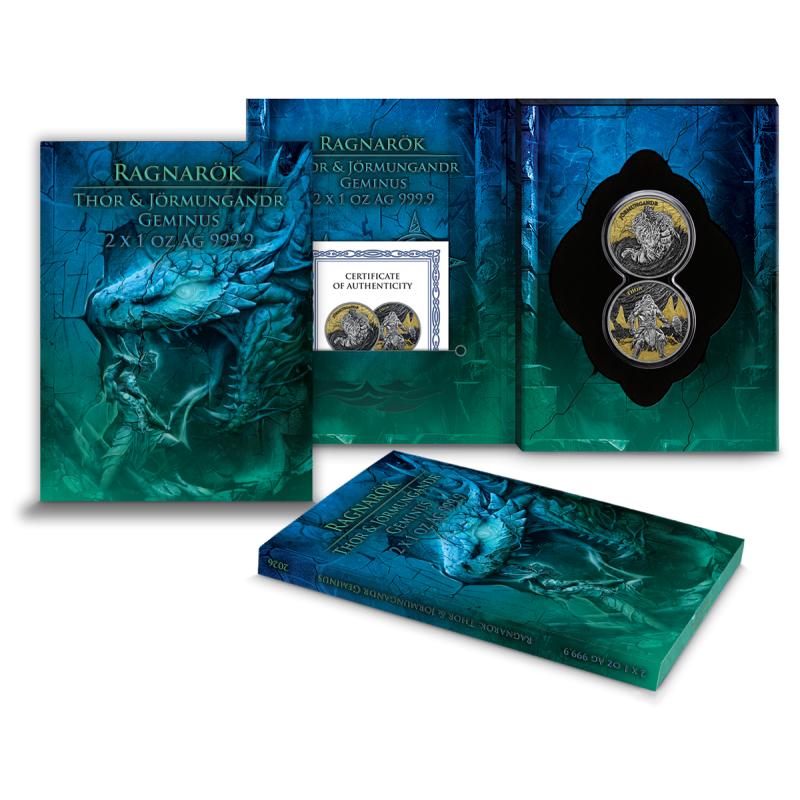 Ragnarök Thor & Jörmungandr 2026 – Geminus 2 × 1 oz Silber – Gesamtansicht mit Infinity-Kapsel und Blister