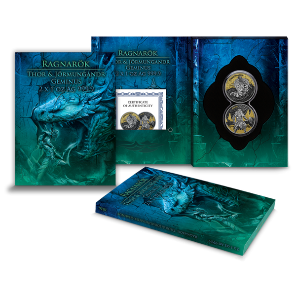 Ragnarök Thor & Jörmungandr 2026 – Geminus 2 × 1 oz Silber – Gesamtansicht mit Infinity-Kapsel und Blister